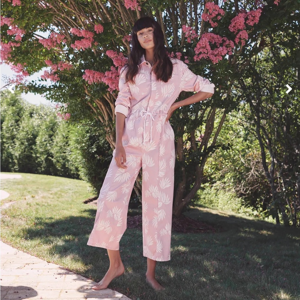 cinq a sept Pink Palm-Print Cropped Jumpsuit